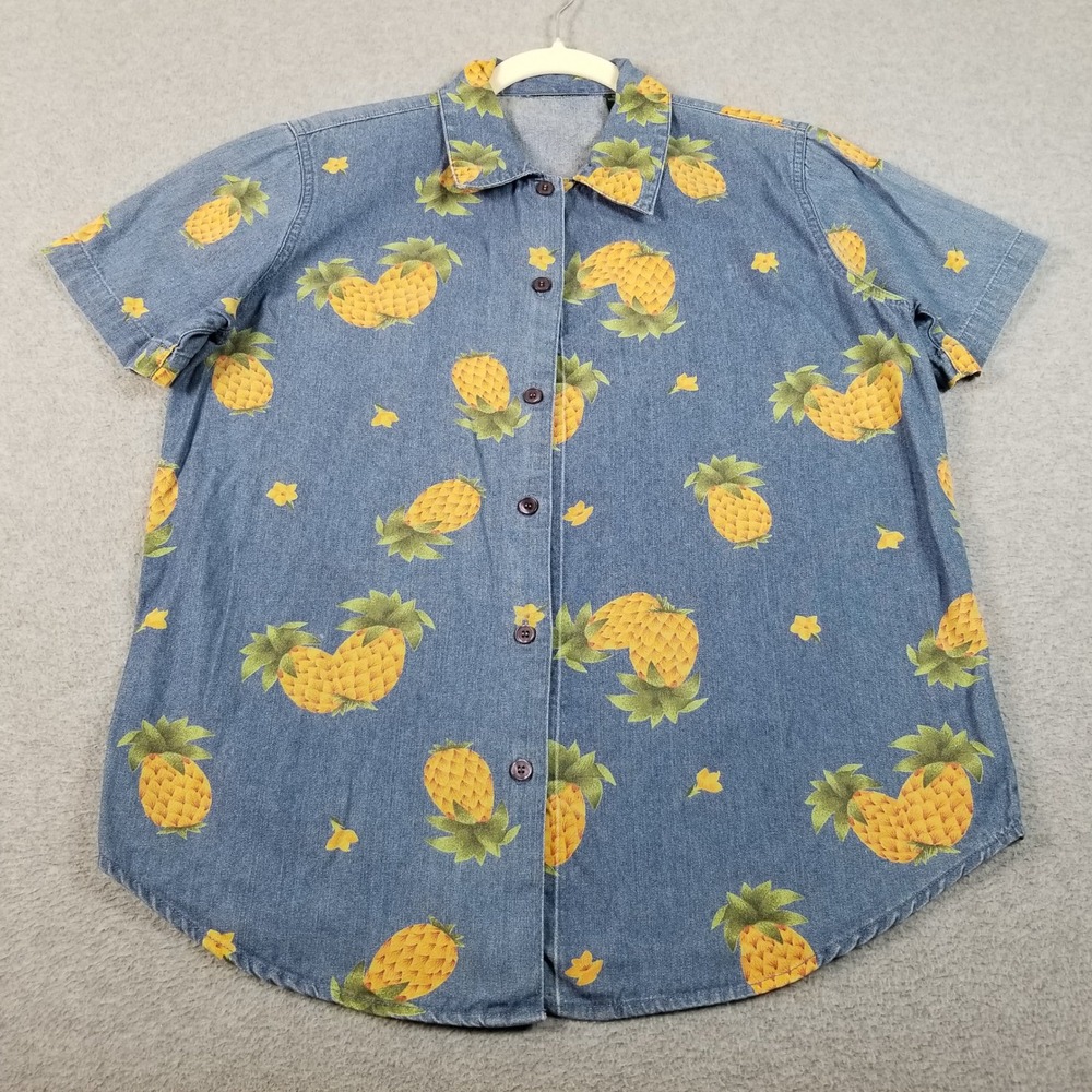 Vintage Denim Shirt Women Small S Blue Yellow Pineapple Tropical Button Up Top